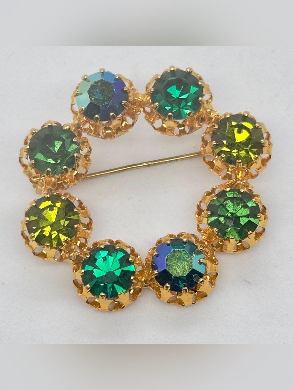 Vintage Austria Star Signed AB Green Rhinestone Brooch Wreath Circle